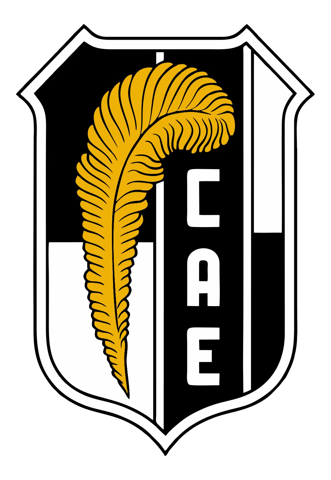 Escudo del Club Atlético Estudiantes de Paraná con diseño en blanco y negro y una pluma dorada como símbolo institucional.